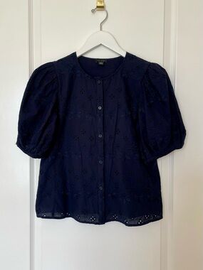 Ann Taylor Navy Eyelet Puff-Sleeve Button-Down Top